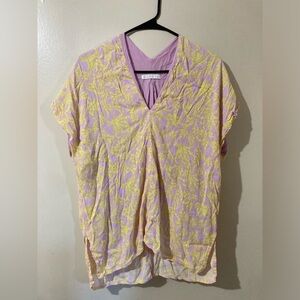 Karlie Women’s Blouse Size S Yellow Pink V-Neck Tunic  Geometric Casual Feminine